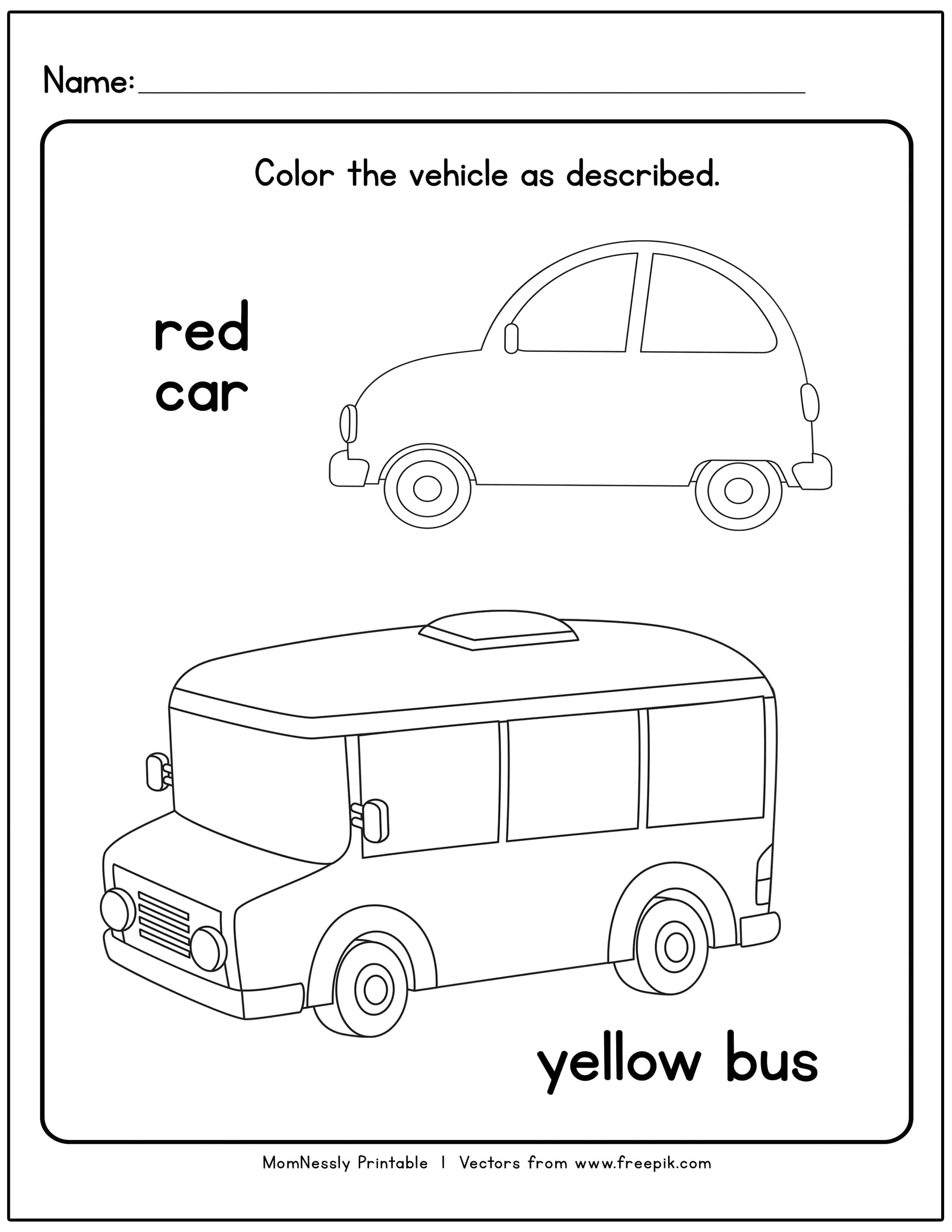 Transportation Themed Coloring Worksheets Car and Bus Vehicle