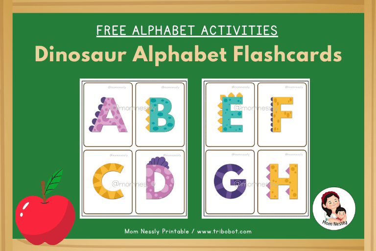 Dinosaur Alphabet flashcards Mom Nessly printable